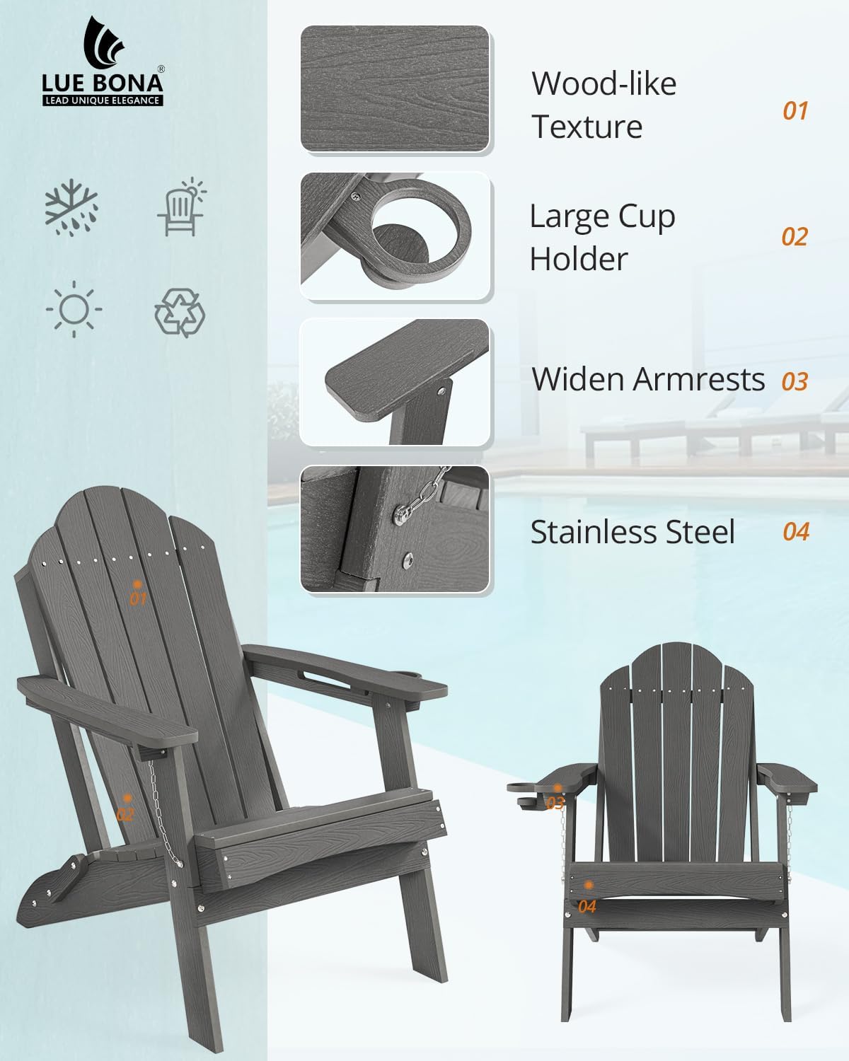 lue bona hdpe folding adirondack chair, cup holder showing dimensions