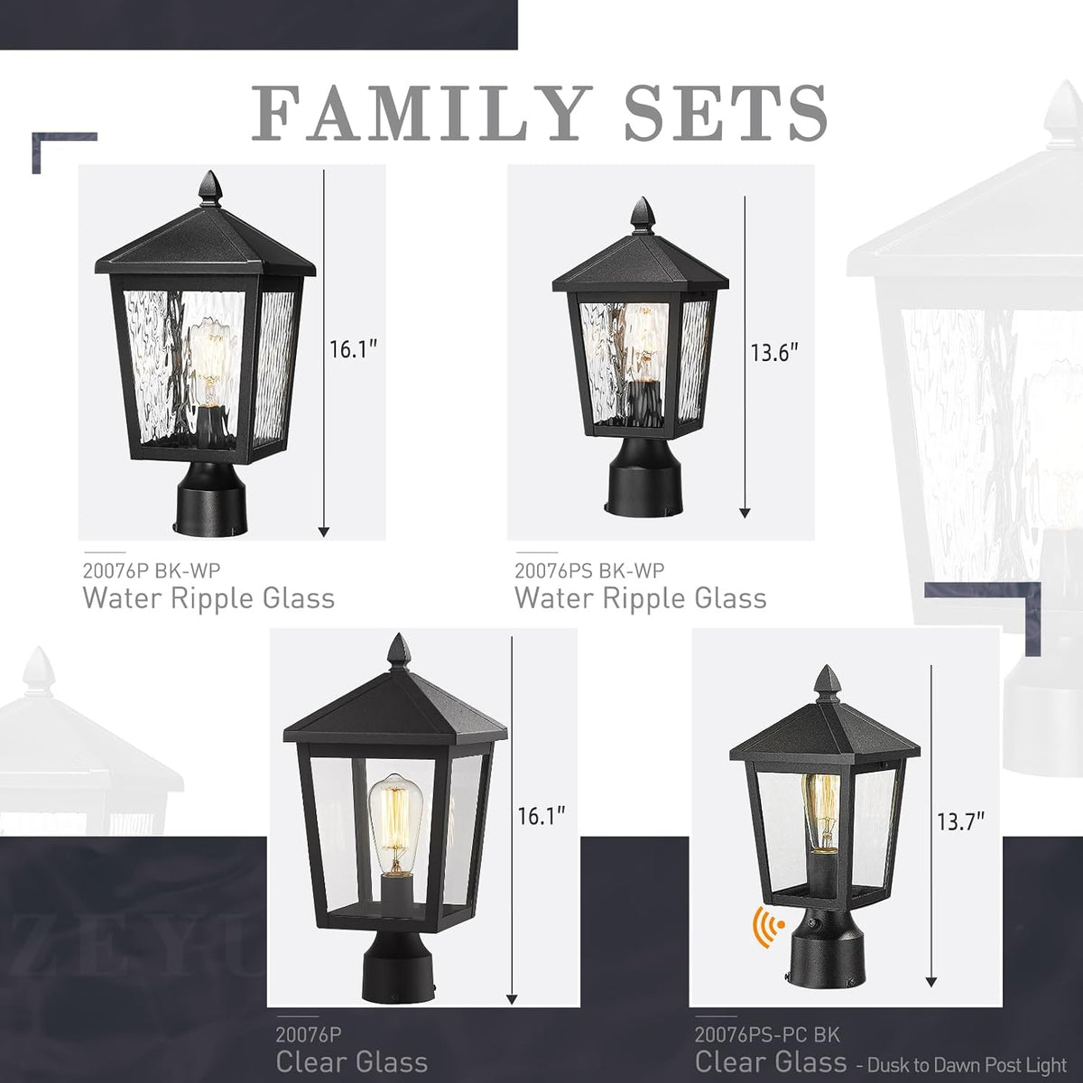 zeyu 13.6 Inch Outdoor Light Fixture for Post, Exterior Post Light Fixtures for Patio, Die-Cast Aluminum with Water Ripple Glass, Black Finish, 20076PS BK-WP