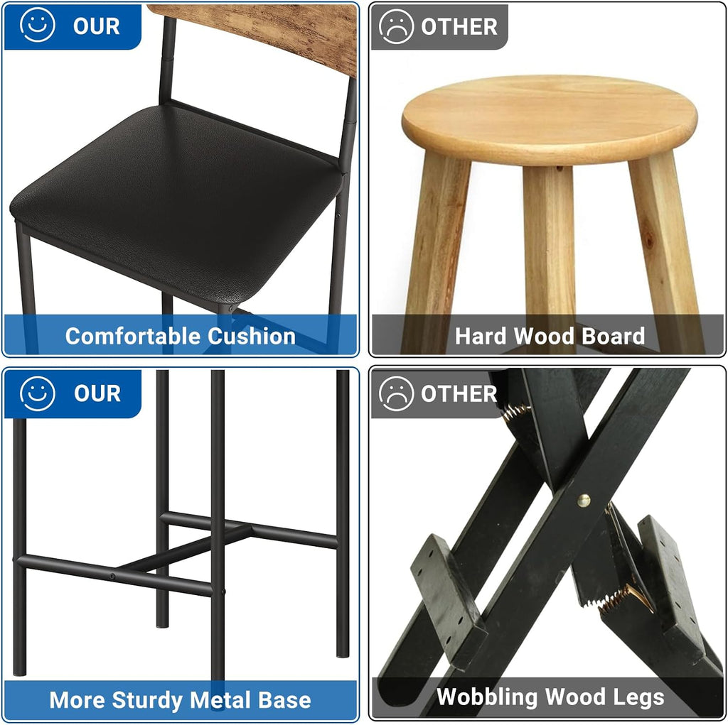 GarveeHome Bar Stools Set of 4, Upholstered Counter Height Bar Stools with Backrest and Footrest, Kitchen Barstools for Island, Counter Bar, Easy Assembly, Rustic Brown