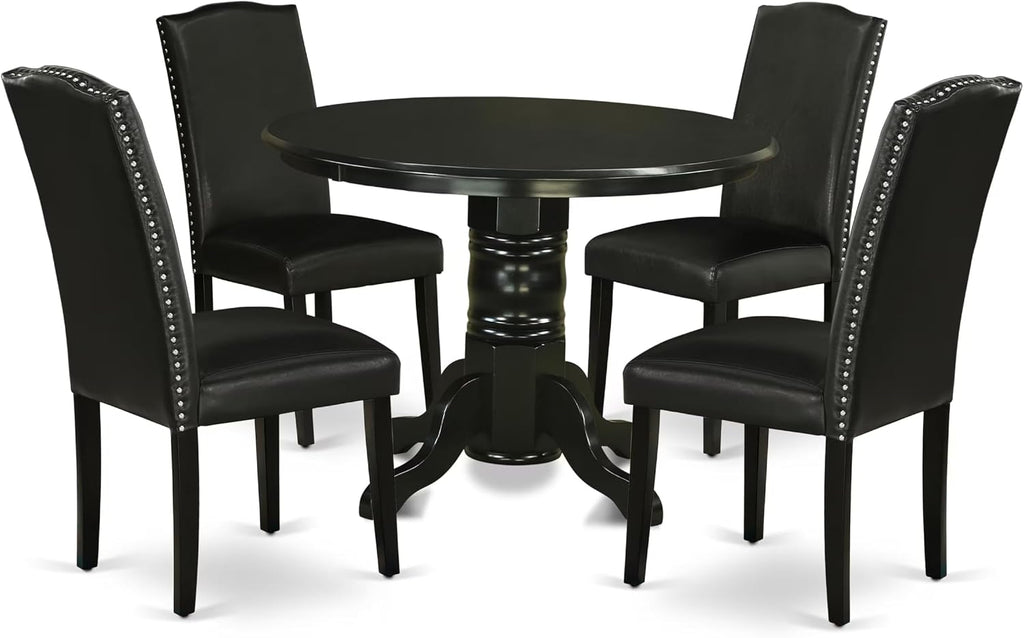 East West Furniture SHEN5-BLK-69 5 Piece Dining Room Table Set Includes a Round Kitchen Table with Pedestal and 4 Black Faux Leather Parson Dining Chairs, 42x42 Inch, Black