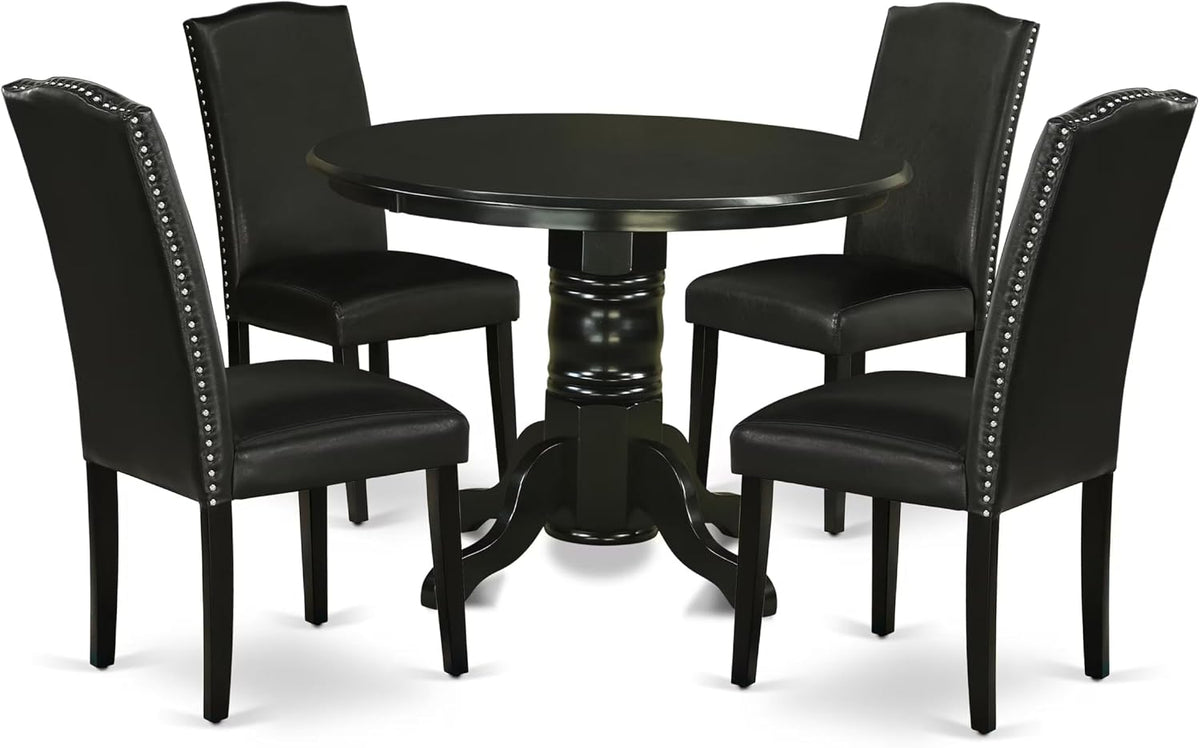 East West Furniture SHEN5-BLK-69 5 Piece Dining Room Table Set Includes a Round Kitchen Table with Pedestal and 4 Black Faux Leather Parson Dining Chairs, 42x42 Inch, Black