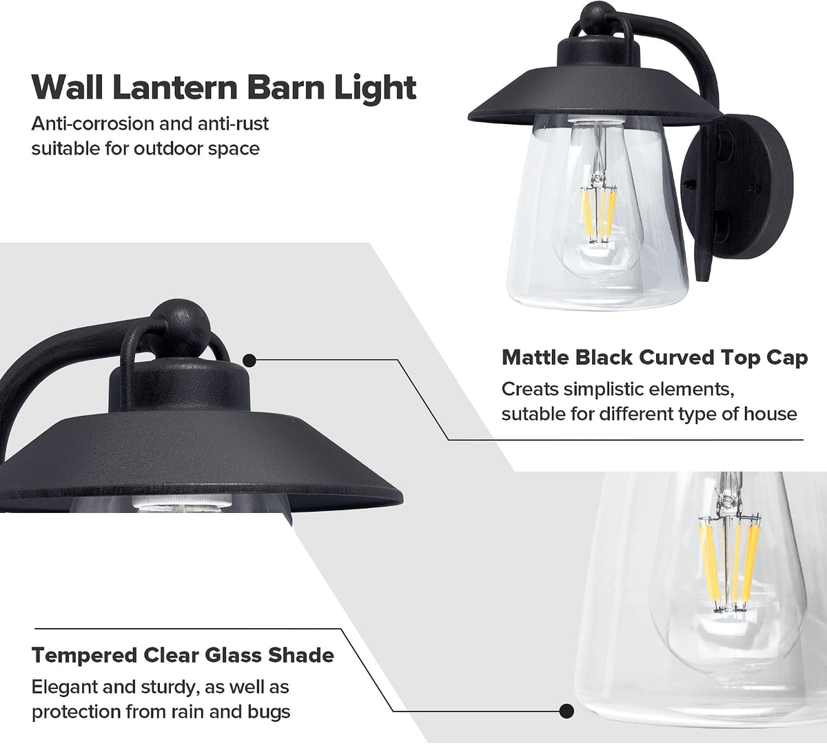 LUTEC 2 Pack Outdoor Indoor Exterior Light Fixture, Farmhouse Barn Wall Sconce, Matte Black Finish Anti-Rust Wall Mount Light, Waterproof Wall lamp with Clear Glass for Porch, Exterior, Patio