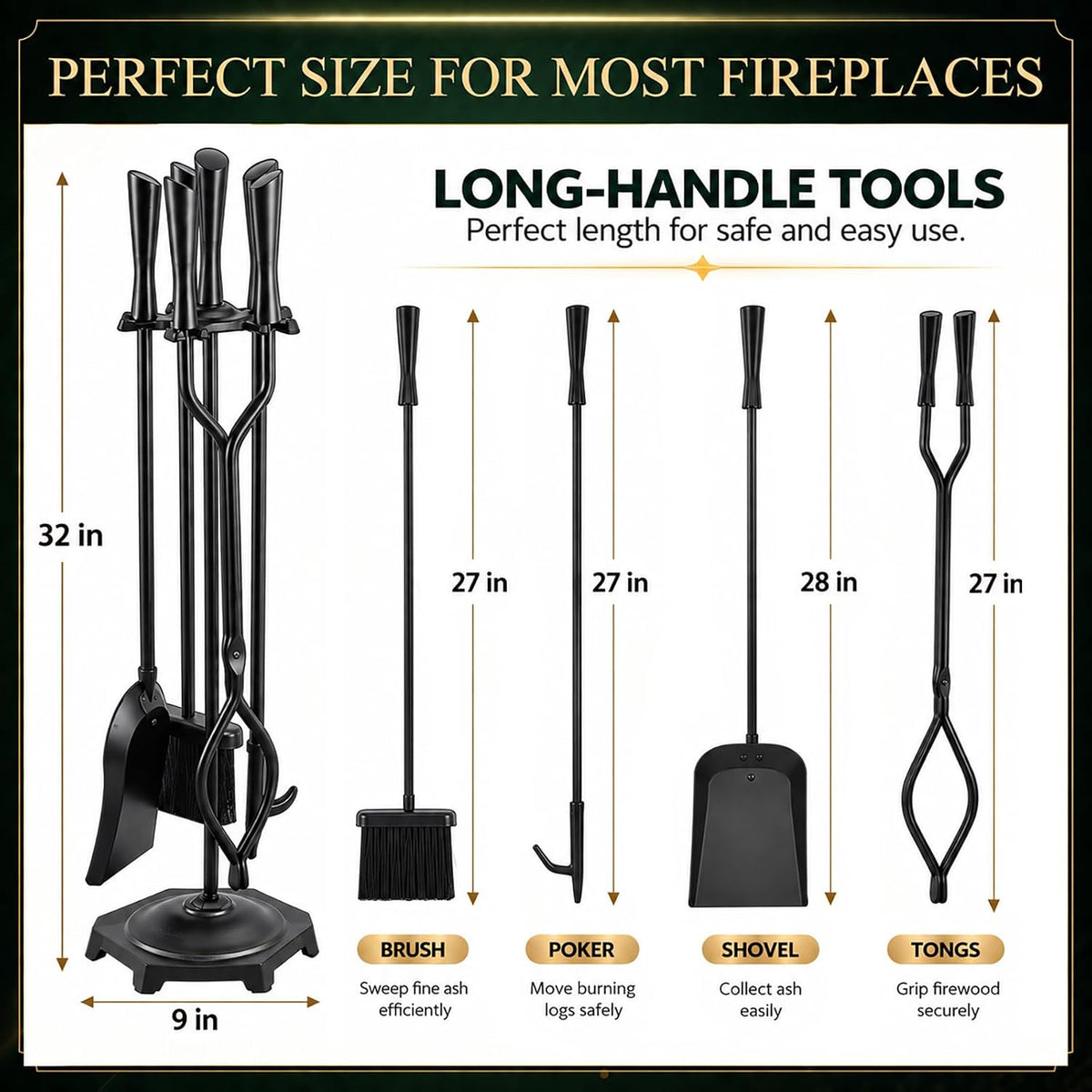 FEED GARDEN 5-Piece Fireplace Tools Set with Stand, Heavy Duty Wrought Iron