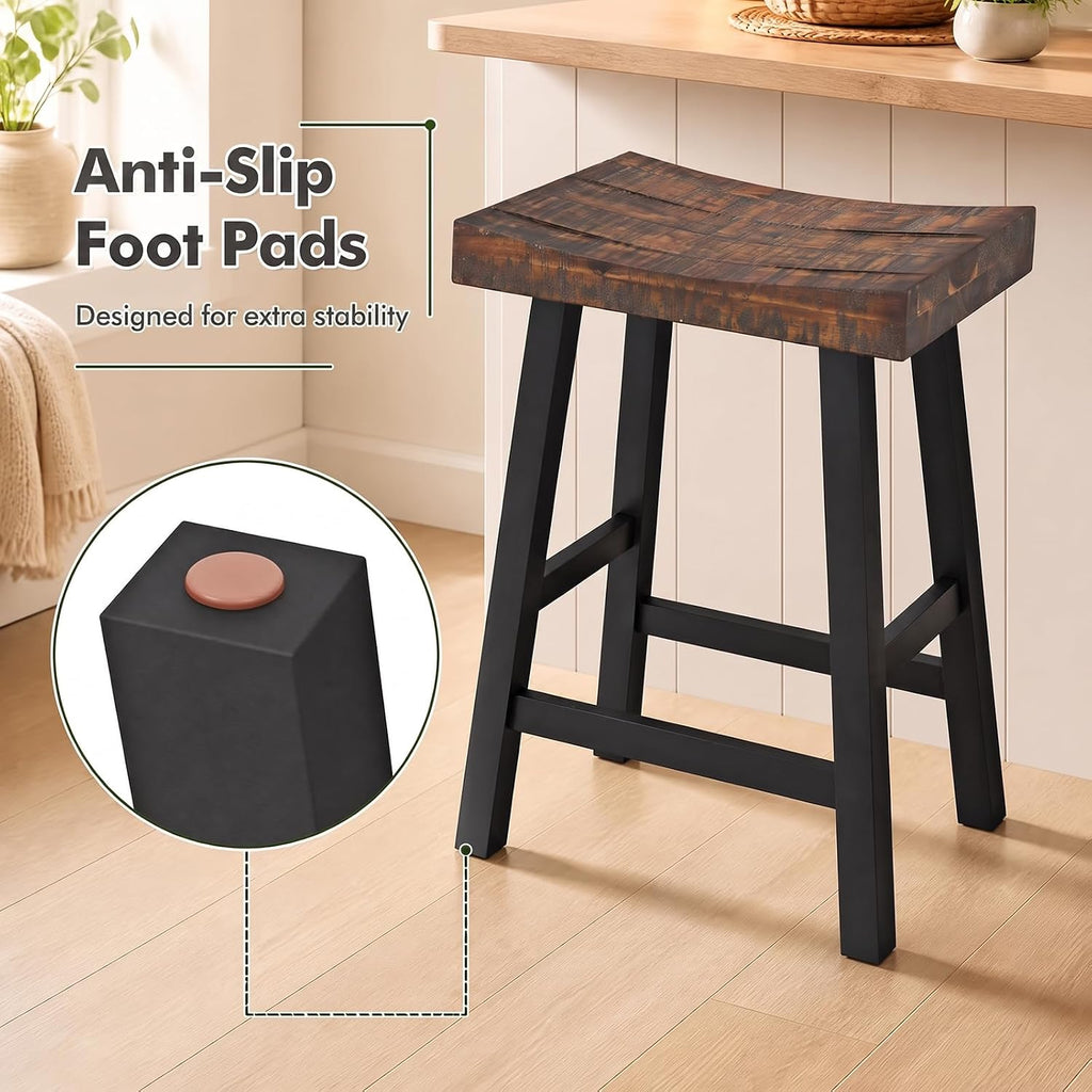 COSTWAY 24-inch Wooden Saddle Stools Set of 4 with Curved Seat Surface