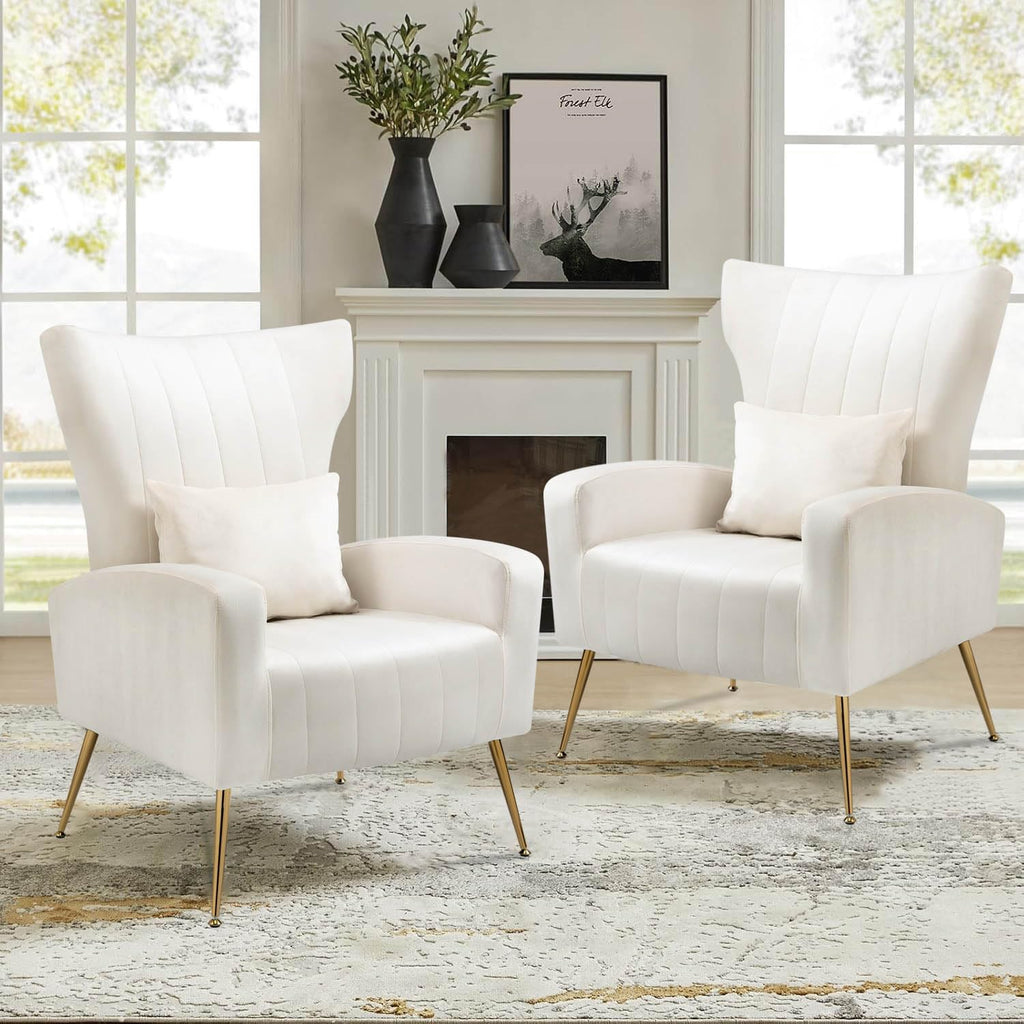 Velvet Accent Chair for Living Room Bedroom, Modern Arm Chair with Wingback & Gold Metal Legs, Lumbar Pillow Included, White