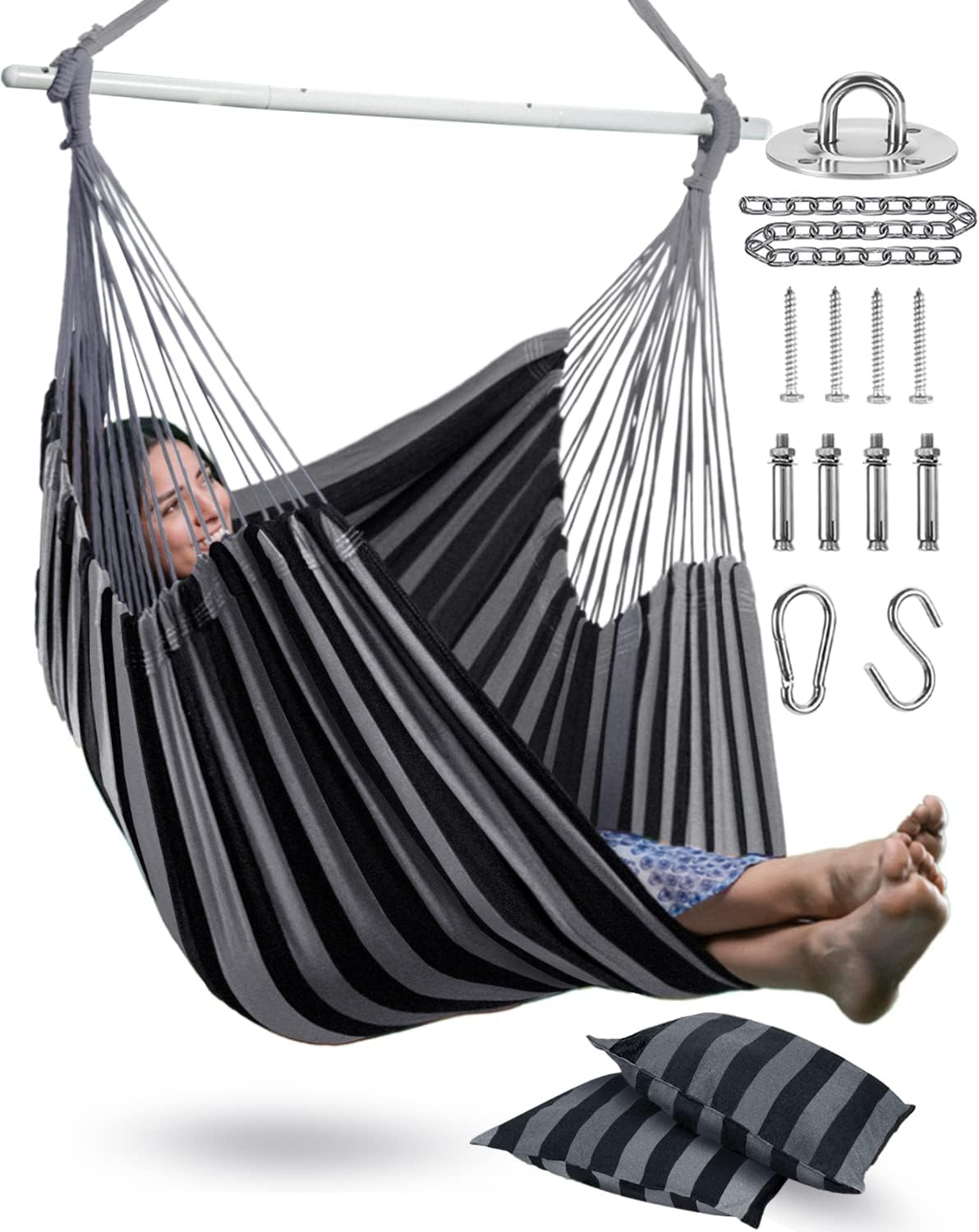 XXL Hammock Chair Hanging Rope Swing with 2 Cushions - Max 500lbs-Perfect for Patio, Porch, Bedroom, Backyard, Indoor or Outdoor - Includes Hanging Hardware Kits