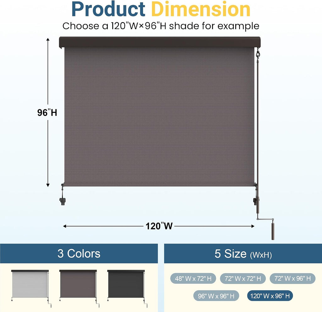 Integrated 4'W x 6'H Outdoor Roller Shade for Sun & Privacy Protection