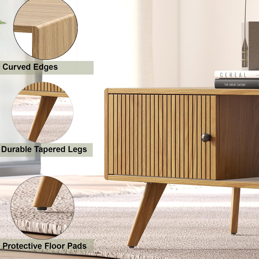 Manora Mid Century Modern Coffee Table with Storage, Natural Wood Finish