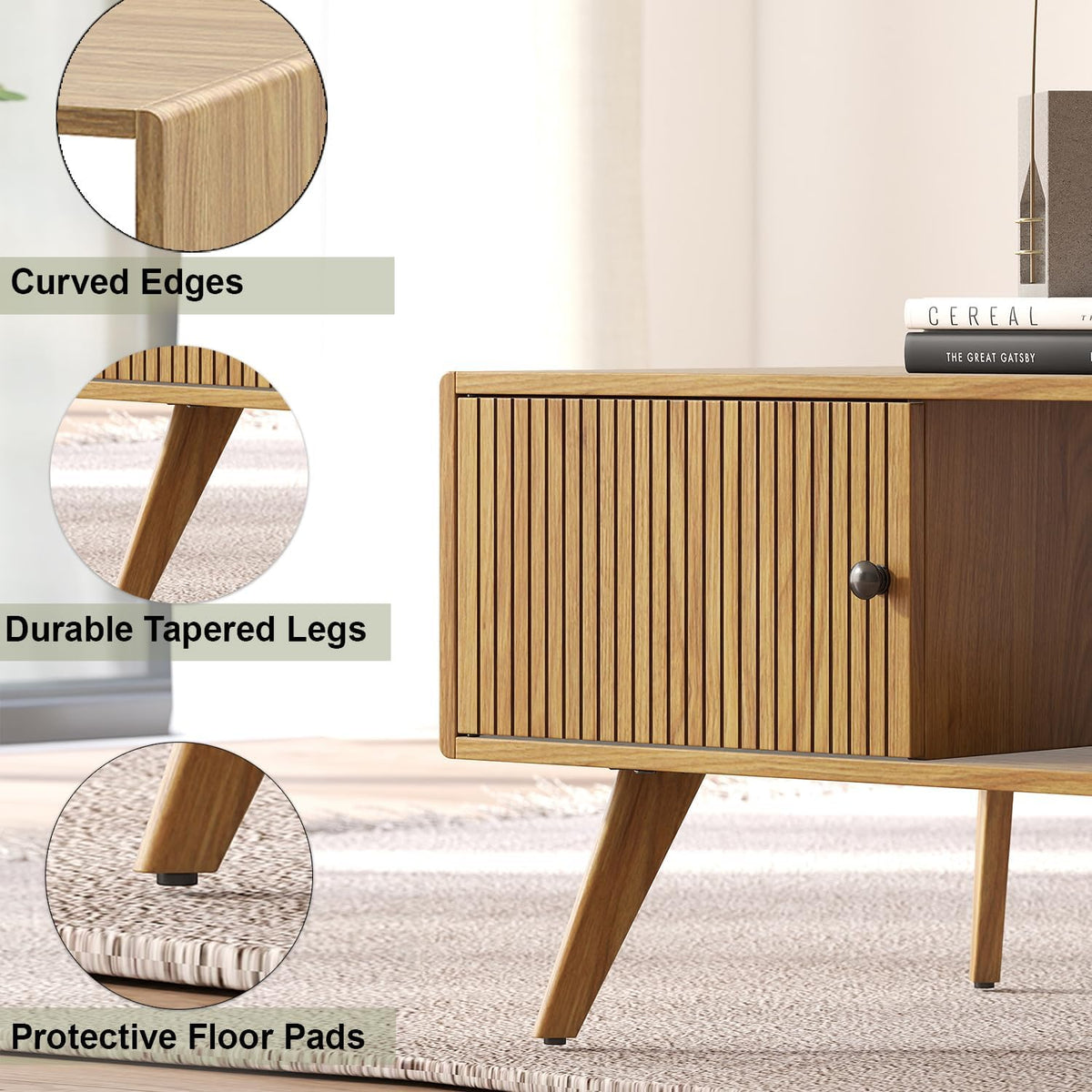 Manora Mid Century Modern Coffee Table with Storage, Natural Wood Finish