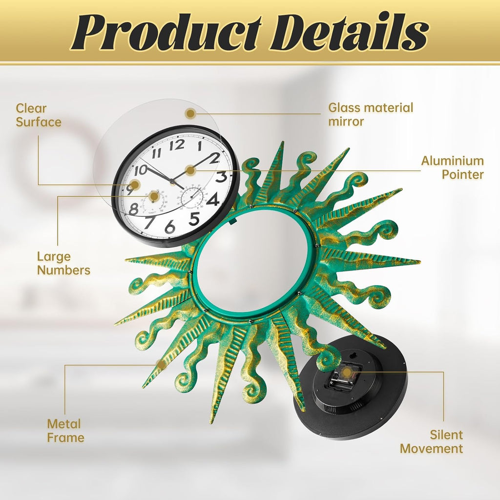 25-Inch Sun-Shaped Outdoor Clock and Thermometer Set Golden