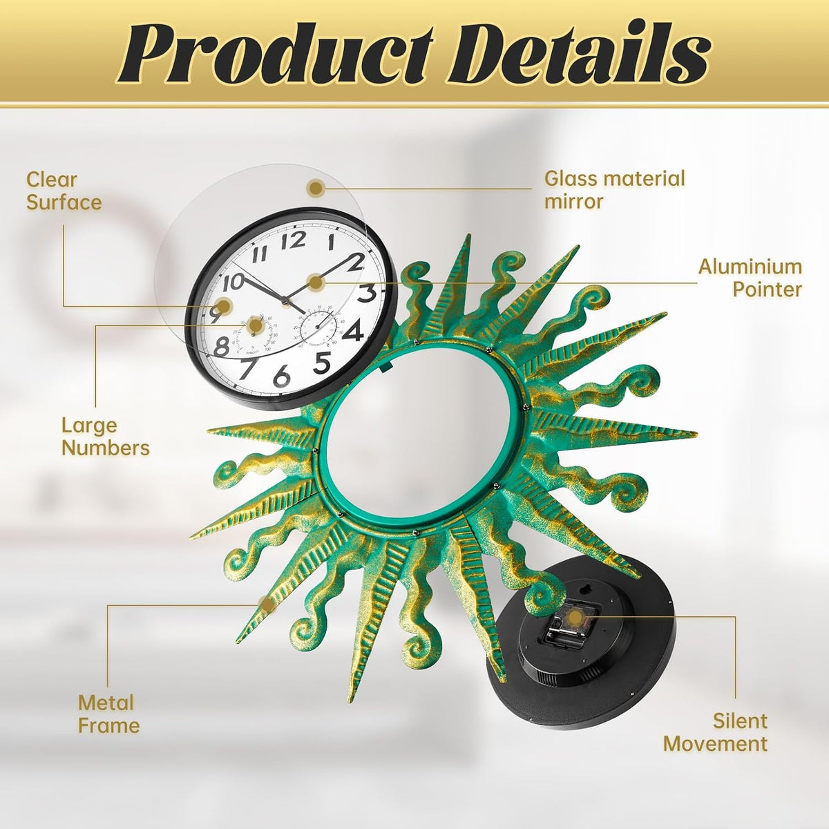 25-Inch Sun-Shaped Outdoor Clock and Thermometer Set Golden