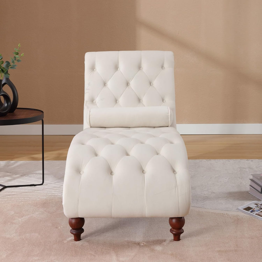 Button-Tufted Chaise Lounge Indoor, Velvet Chaise Lounge Chair with Legs & Toss Pillow, Armless Rolled Backrest Leisure Sofa Recliner for Living Room Bedroom (Begie)