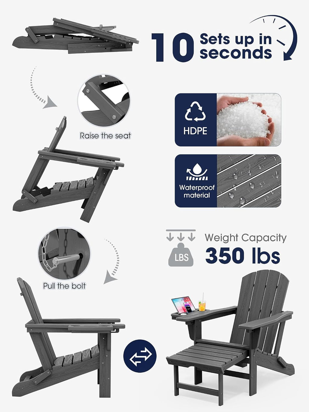 KINGYES Adjustable Folding Adirondack Chair with Footrest & 4-in-1 Multi-Functional Holder, HDPE Recliner Adirondack Chair with Pull-Out Ottoman, Gray
