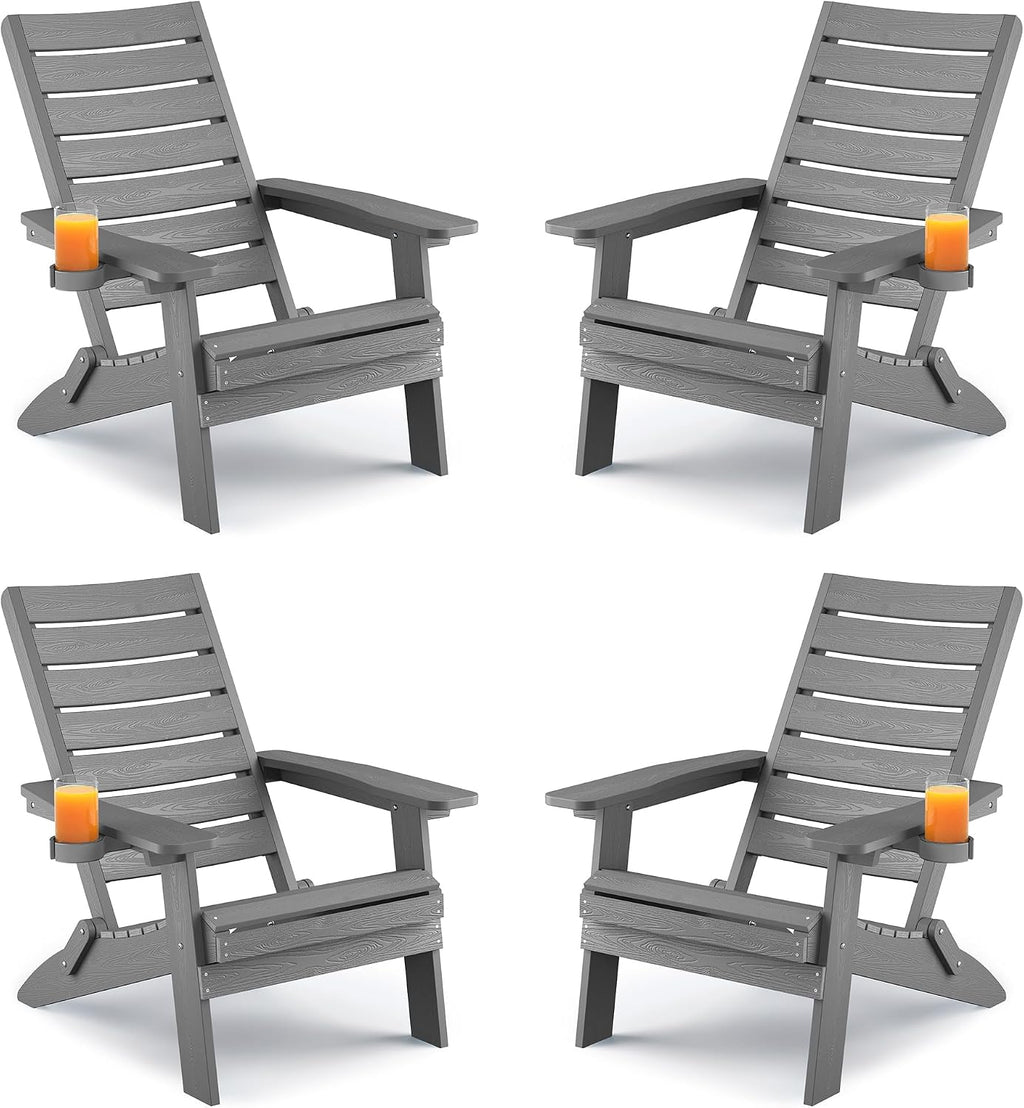 YEFU Adirondack Chair Set of 4 Outdoor, Arc Backrest & Cup Holder, Grey
