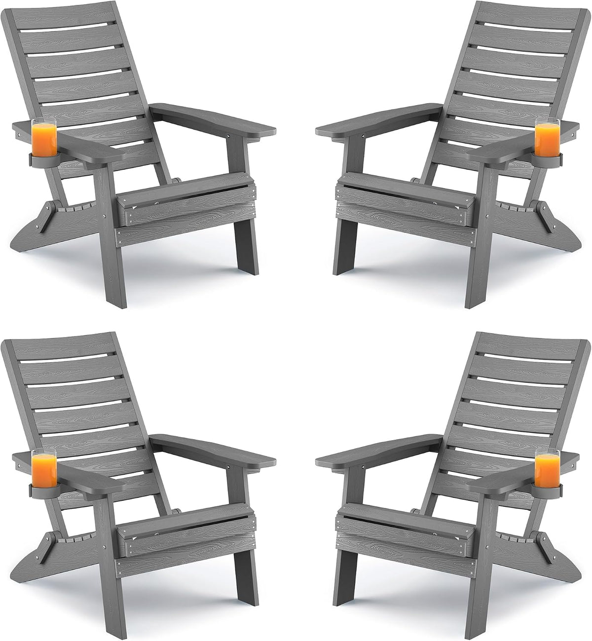 YEFU Adirondack Chair Set of 4 Outdoor, Arc Backrest & Cup Holder, Grey