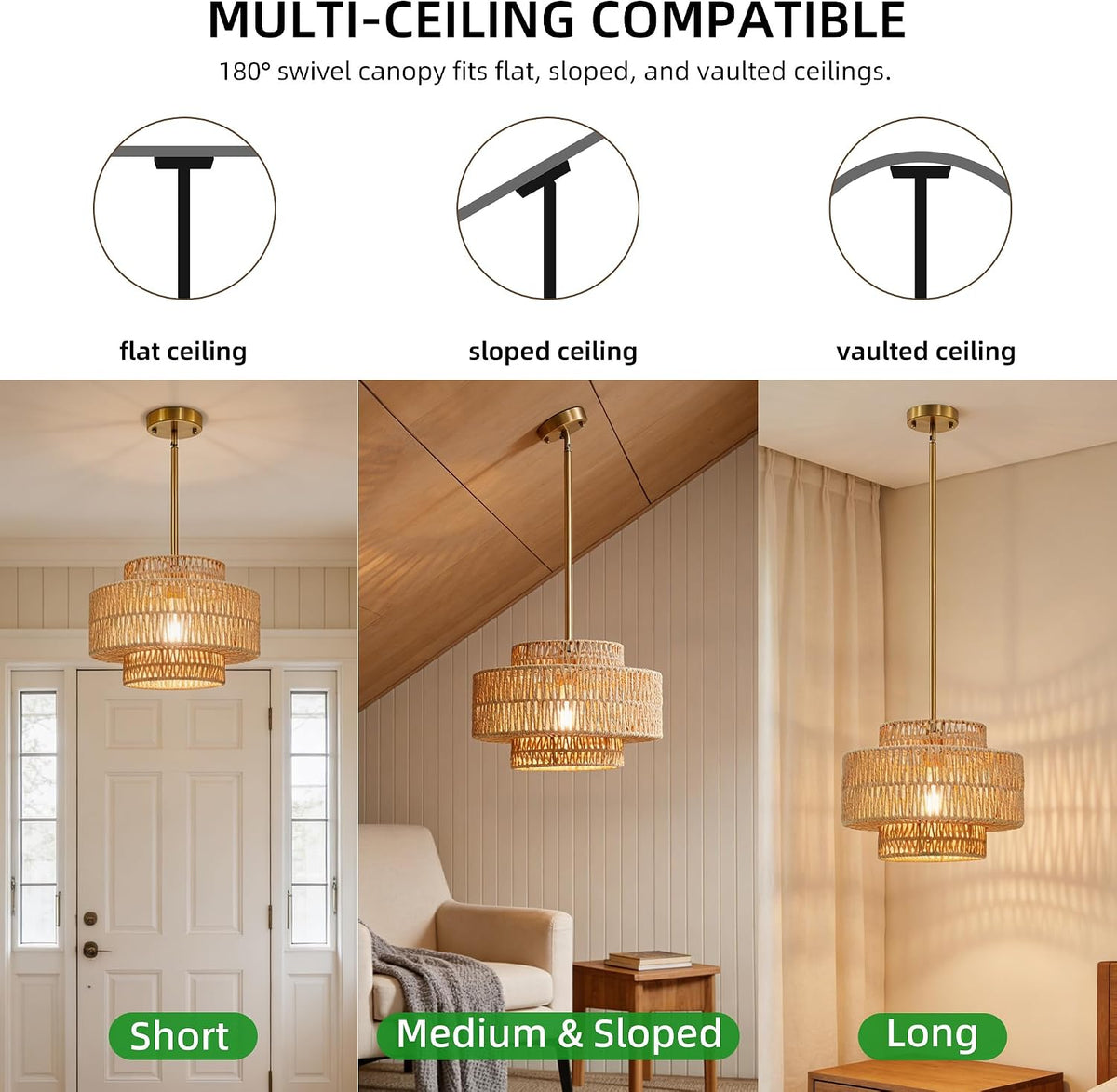 Phaosio 12.4" Boho Rattan Chandelier Hand Woven Rattan Pendant Light