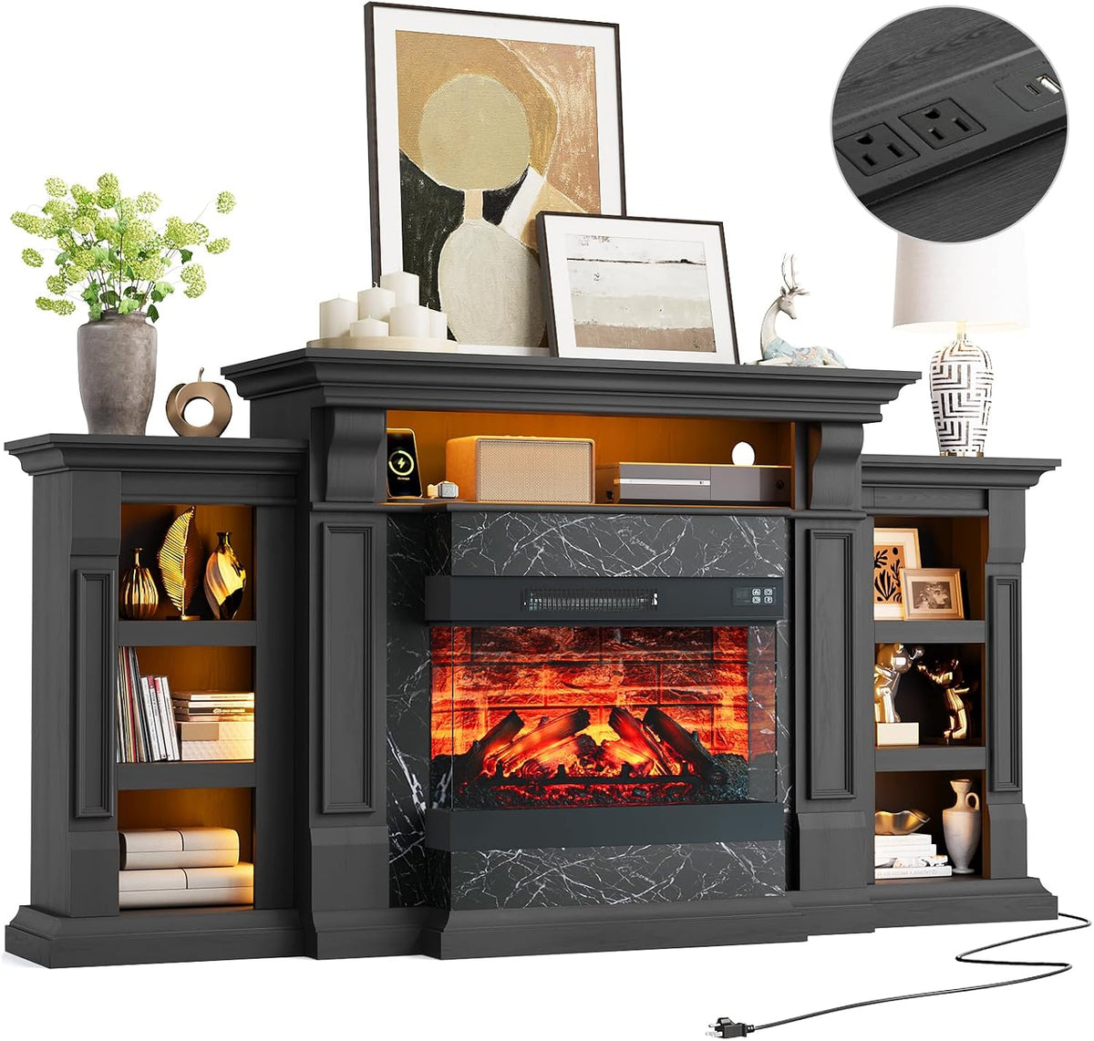 Naice 72” Electric Fireplace TV Stand w/ 3-Side Glass Heater, Marble Finish