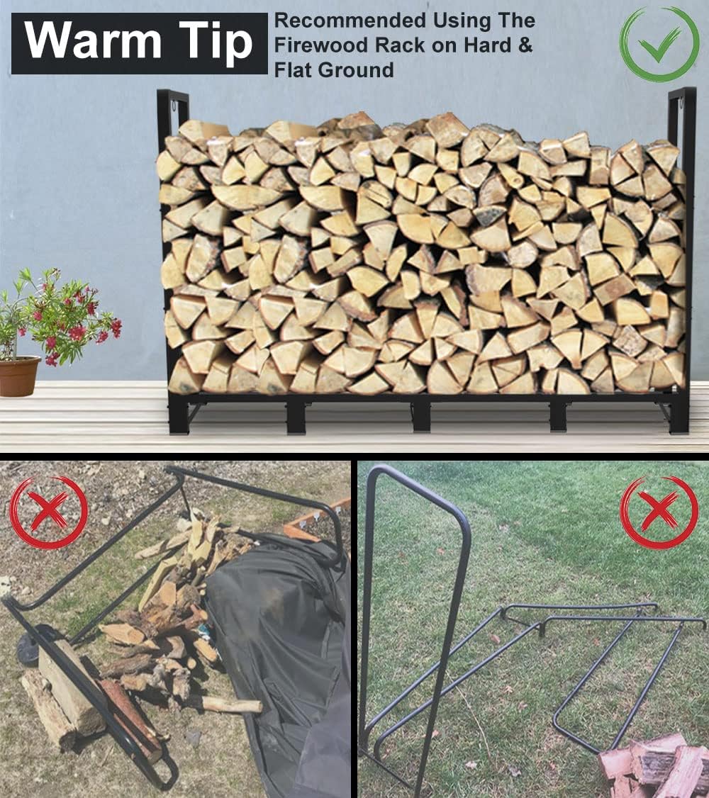 Koutemie 8Ft Outdoor Firewood Rack Holder for Fireplace Wood Storage, Adjustable Fire Log Stacker Stand, Black