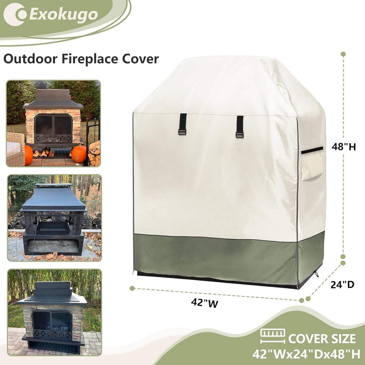 Outdoor Fireplace Cover, 42"W × 24"D × 48"H, Beige & Grayish Green
