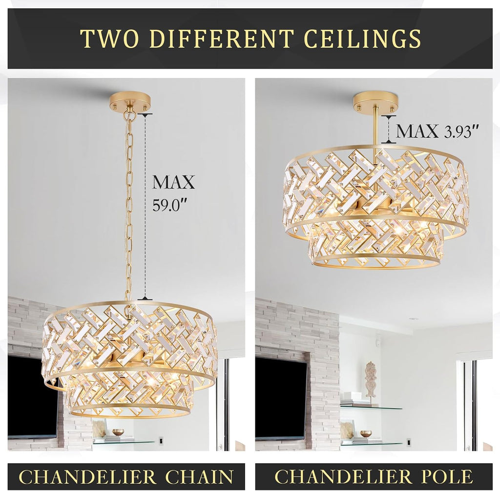 CATINER 20" Gold Crystal Chandelier, 6-Light Semi Flush Pendant
