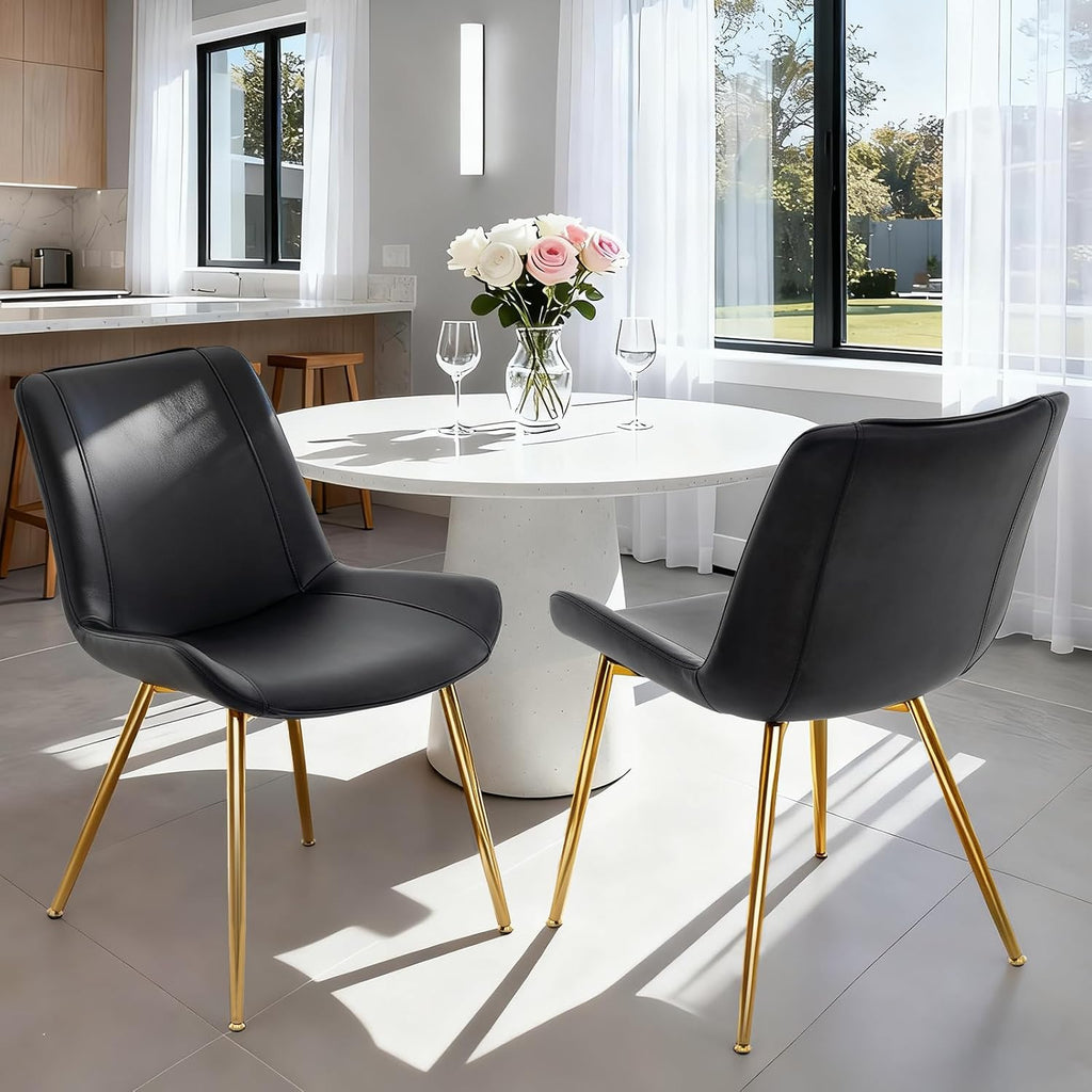 Dining Chairs Set of 2, PU Leather Armless with Metal Legs Black, Gold Legs