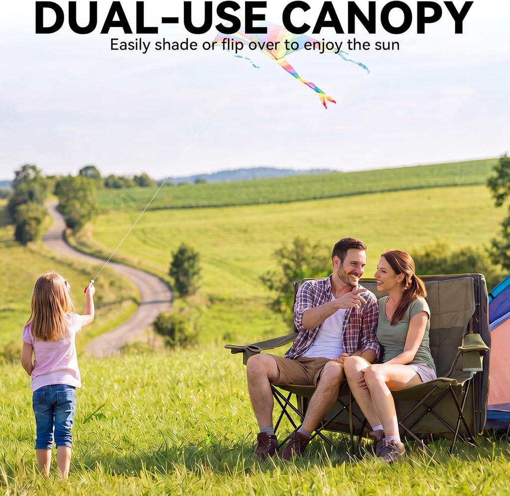 Padded Double Camping Chair With Canopy,Folding Chair Support 450LBS, Green