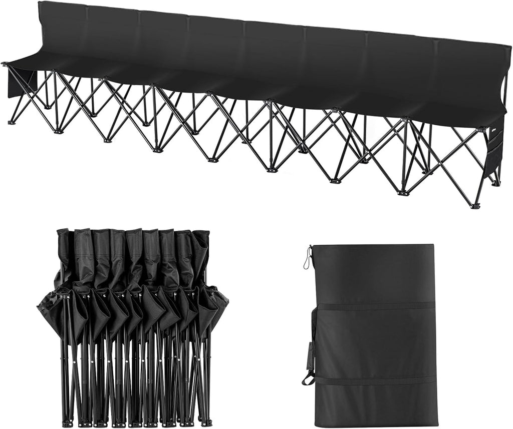 VEVOR Portable Folding Bench, 8 Seats Foldable Sideline Bench, Outdoor Camping Chair with Carry Bag & Backrest, Team Sport Sideline Bench for Football Fishing, No Assembly Instant Seating, Black