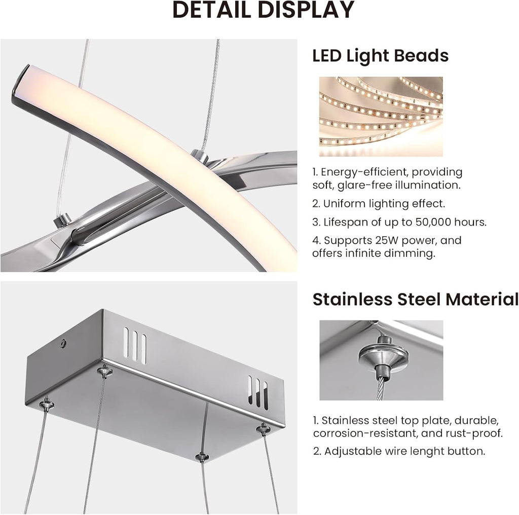 NOXARTE Modern LED Chandelier Dimmable Hanging Ceiling Light, Silver Pendant Light Fixture with Remote Control for Dining Room Kitchen Island Office Over Table 35.4 Inch