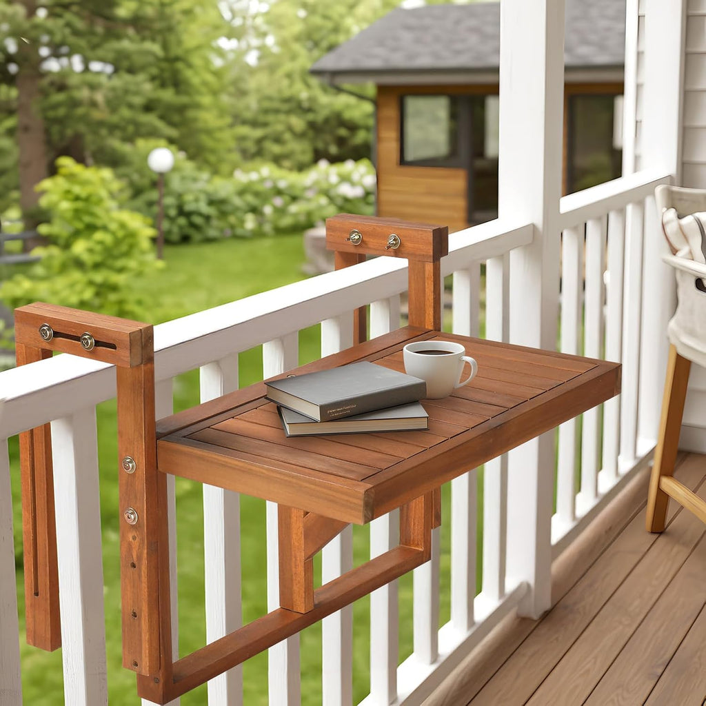 outvita acacia wood folding balcony bar table, rectangular on a desk or shelf