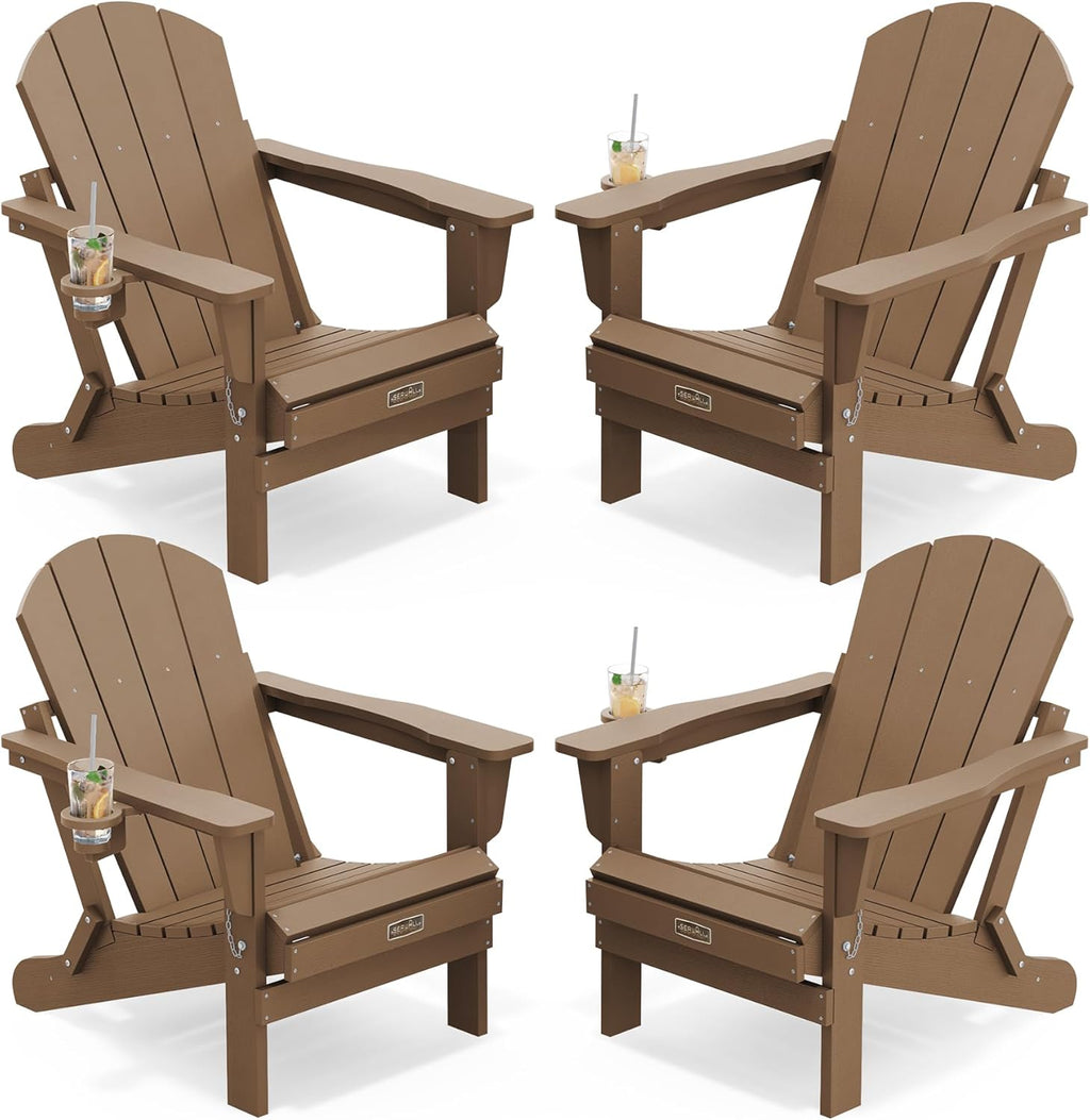 SERWALL Folding Adirondack Chair Set of 4 Patio Chair with Cup Holder-Brown