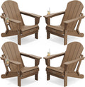SERWALL Folding Adirondack Chair Set of 4 Patio Chair with Cup Holder-Brown