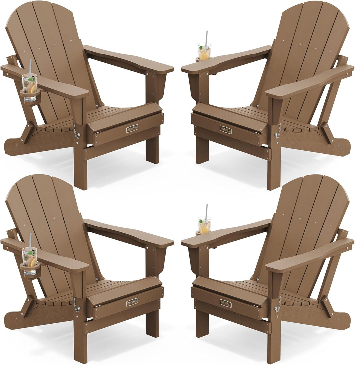 SERWALL Folding Adirondack Chair Set of 4 Patio Chair with Cup Holder-Brown