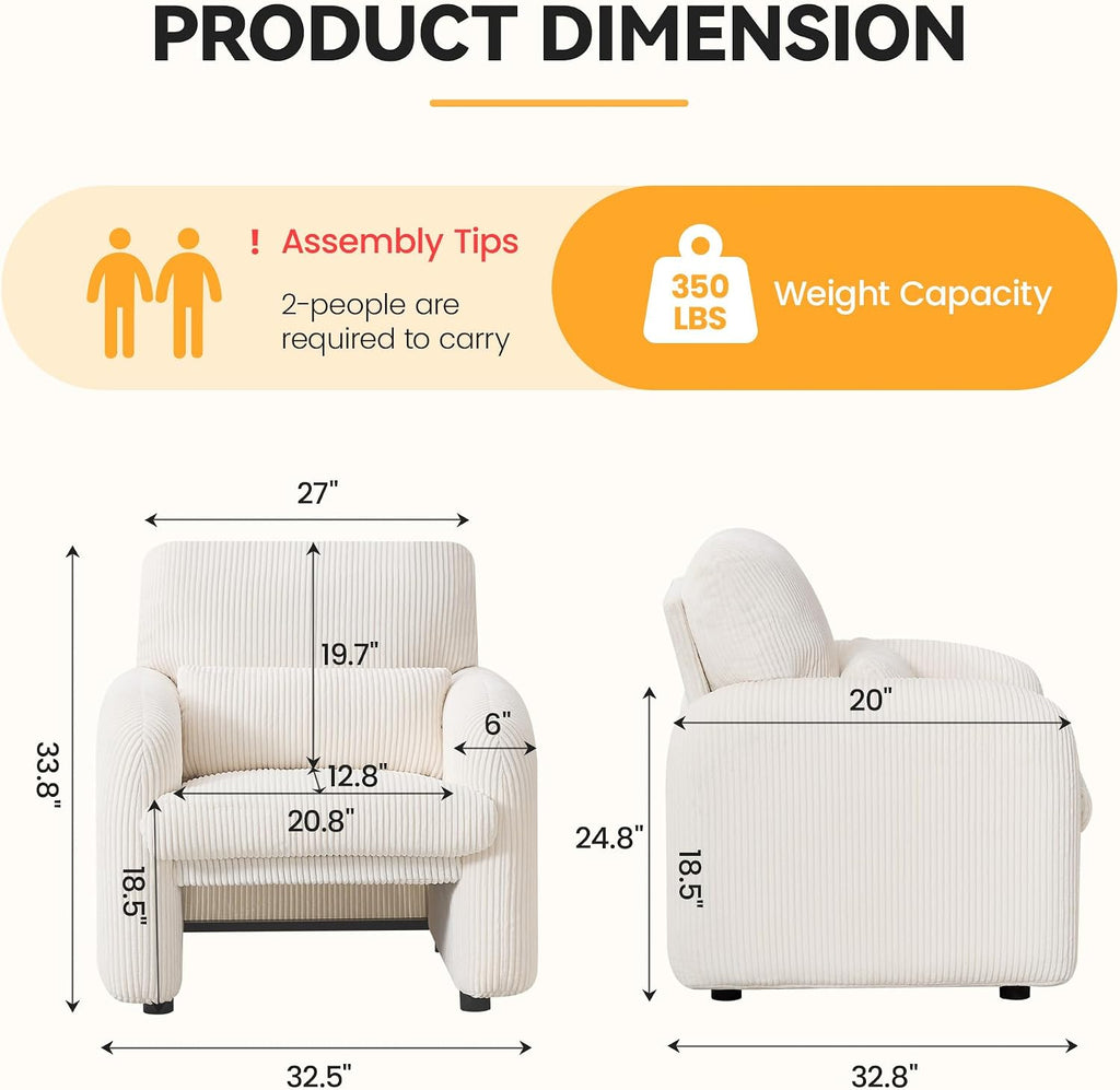 Modern Accent Chair, Comfy Upholstered Corduroy Armchair, Stylish Lounge Reading Chair for Living Room, Bedroom, Beige