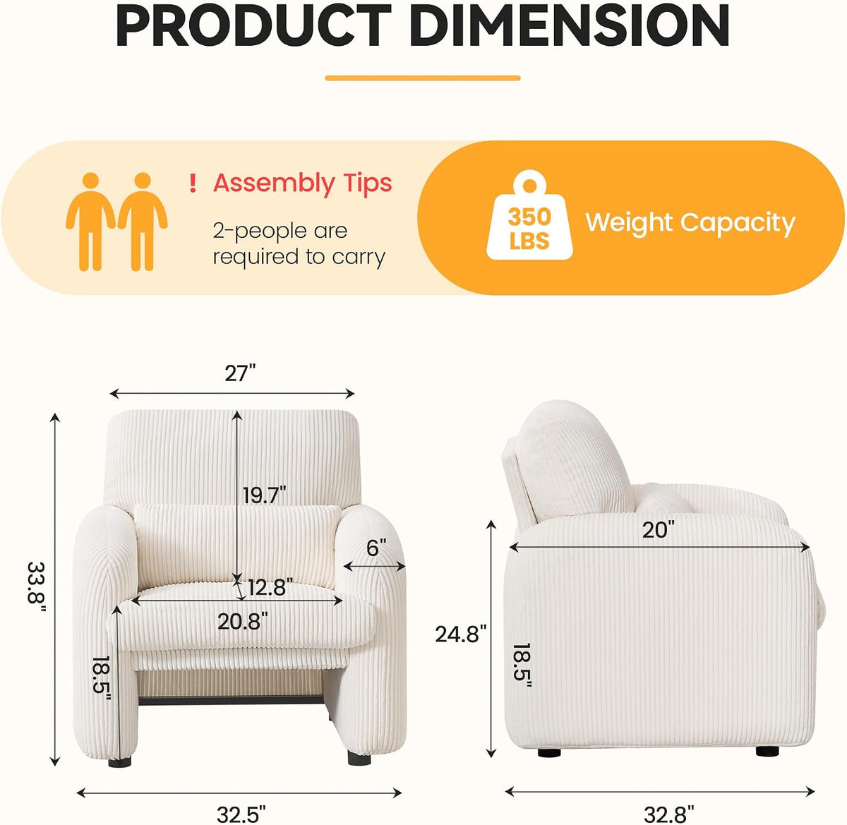 Modern Accent Chair, Comfy Upholstered Corduroy Armchair, Stylish Lounge Reading Chair for Living Room, Bedroom, Beige