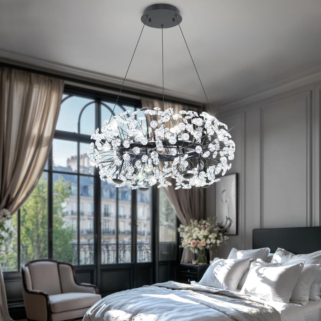 ykolupty 8-Light Dandelion Black Chandelier for Dining Room, Sputnik Pendant Light Fixture with Remote Control, 24 inches Modern Crystal Chandelier Living Room, Kitchen, Restaurant