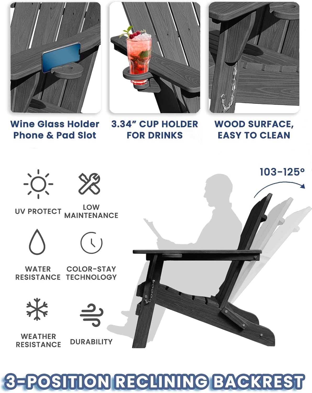 folding adirondack chairs with cup holder, adjustable reclining, side view
