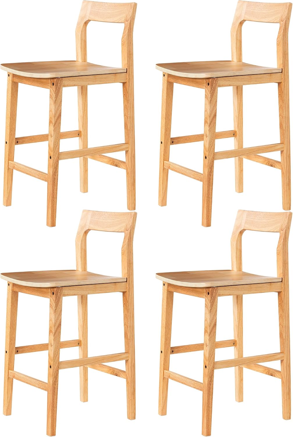 Wood Barstools Set of 4, Counter Height Bar Stools Armless Farmhouse Wooden Bar Dining Chairs with Back & Footrest for Kitchen Island Cafe Pub, Natural Oak