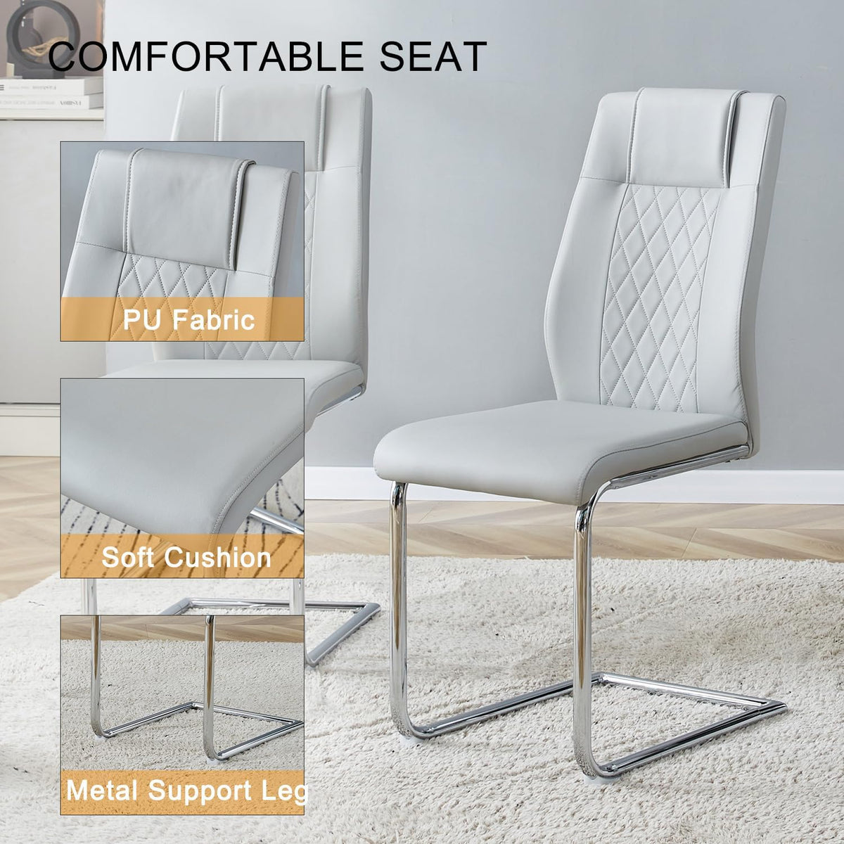 JUFU Dining Table Set for 4, 63" Faux Marble Dining Room Table Set with 4 Light Grey PU Leather Chairs, Modern Kitchen Table and Chairs Set, Rectangular Kitchen Table Set for Apartment, Dining Room (5-Piece)