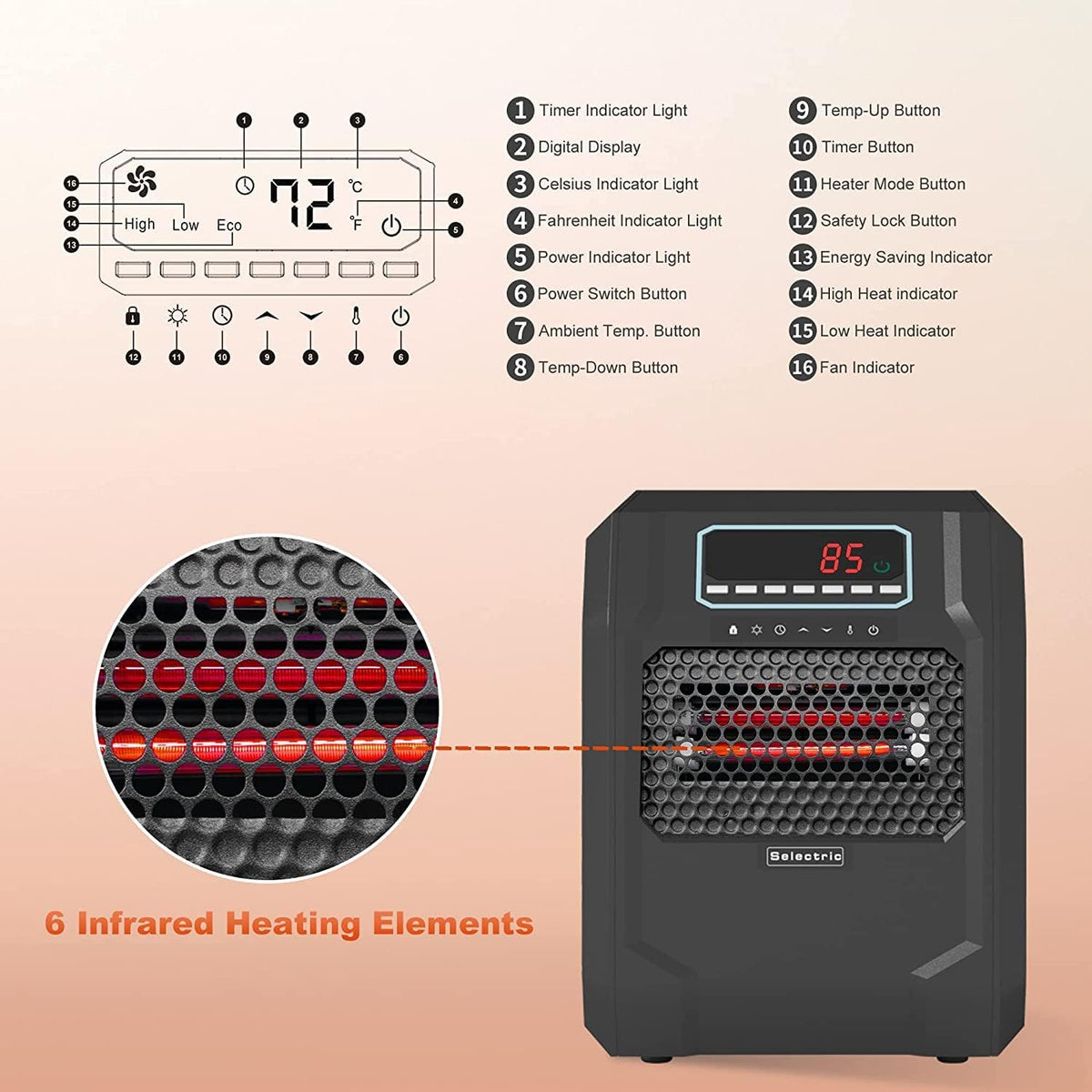 VOLTORB Freestanding Portable Electric Space Heater for Bedroom or Indoor Use with LED Display, Remote Control, and Fan Only Mode, Black