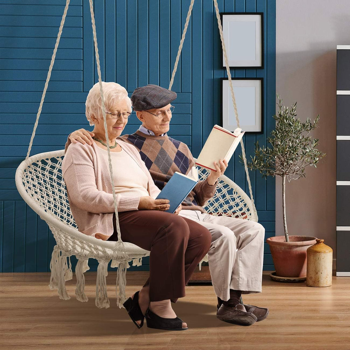 sorbus double hammock swing, macrame double bench, side view