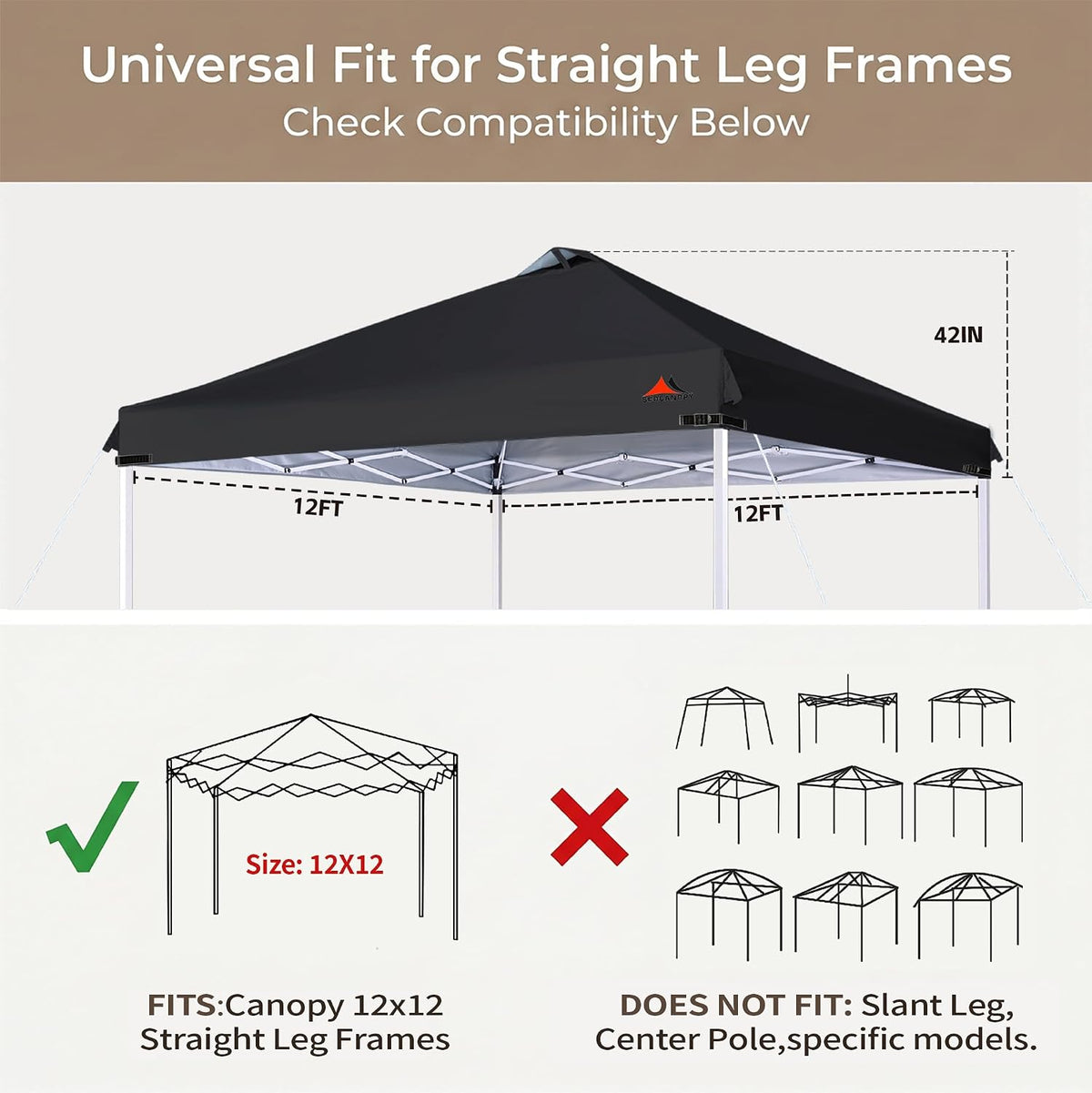 SCOCANOPY Replacement Top with Air Vent for 12x12 Canopy Frame, Canopy Cover ONLY, (Black)