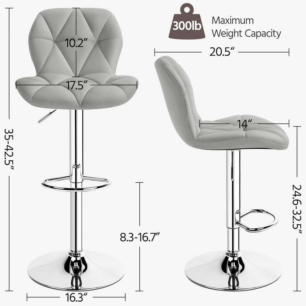 Yaheetech Bar Stools Set of 2 Adjustable Height Swivel Barstools Light Gray