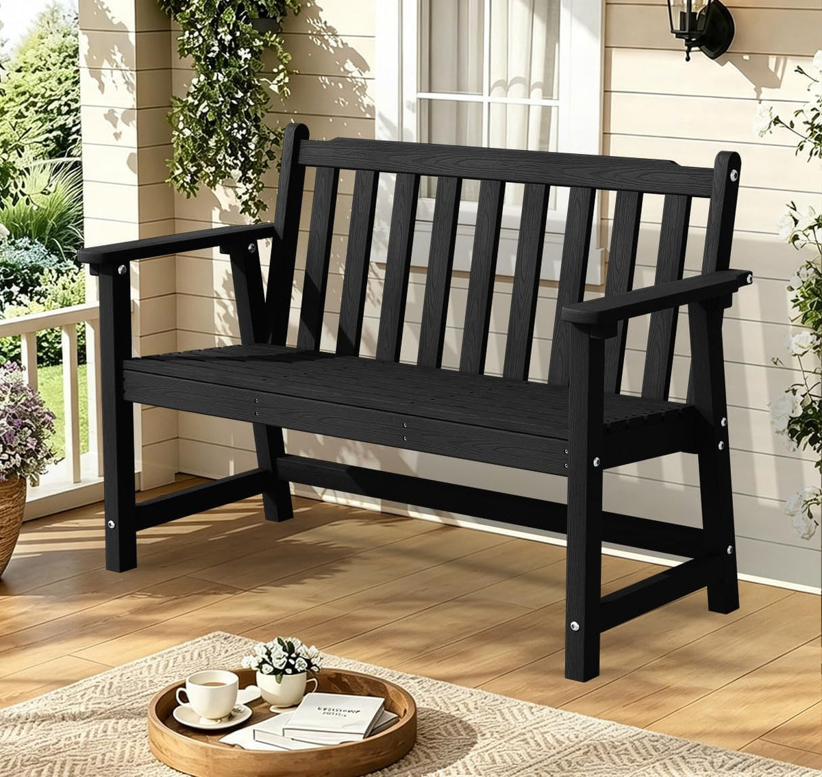 48" HDPE Weatherproof Outdoor Bench, Garden Porch Benches, Black