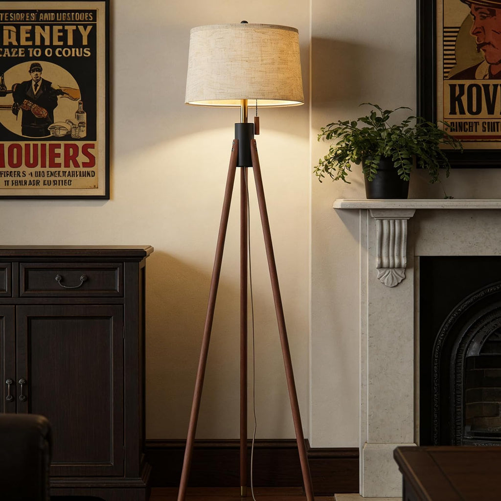 MOFFE Mid Century Tripod Floor Lamp with Pull Chain,Black & Gold Finish