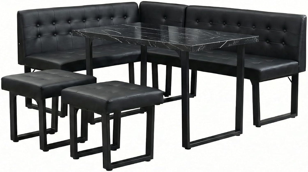 XIAO WEI Corner Dining Table Set for Small Spaces, 72 Inch Breakfast Nook with Storage Banquette, 5 Piece Dining Set with Upholstered Bench, Modern Black