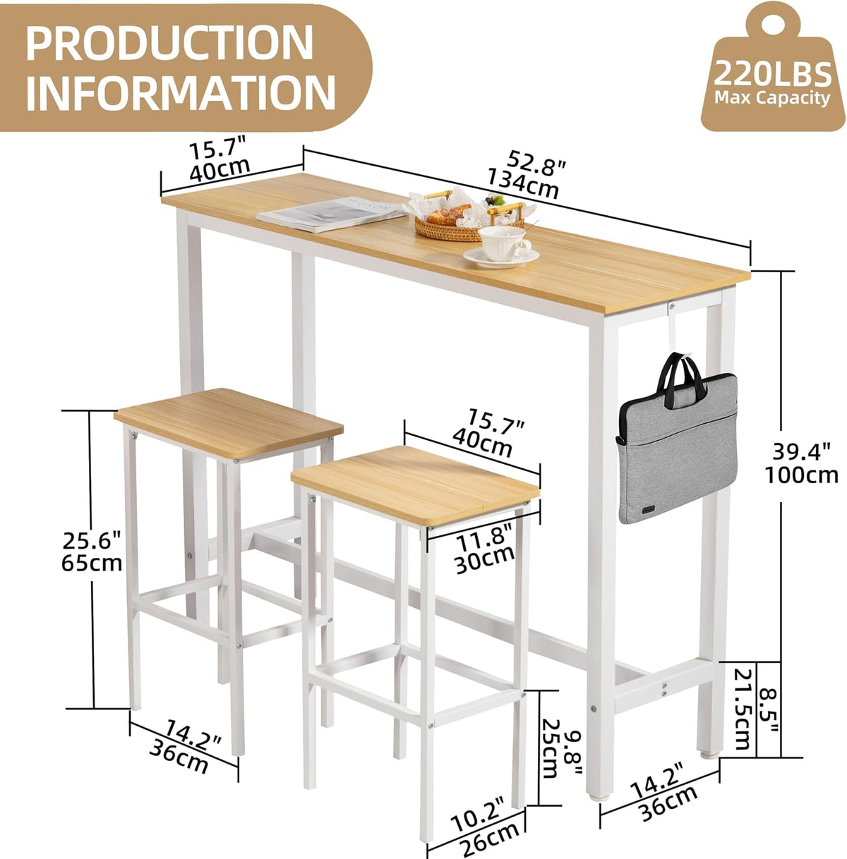 finnhomy 52.7" industrial bar table set with 2 showing dimensions