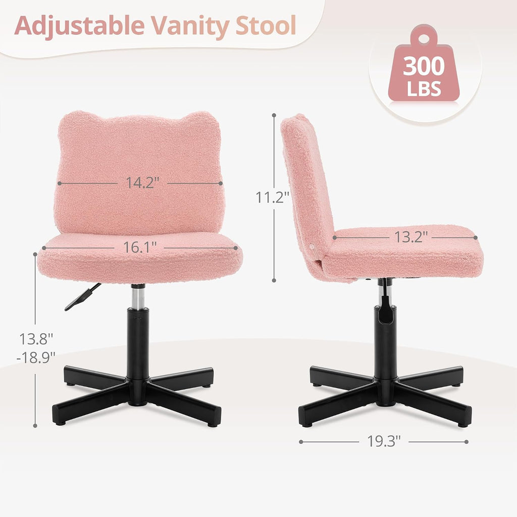 LUE BONA Cute Bear Ear Vanity Chair for Teen Girls - Height Adjustable 13.8"-18.9" Swivel Stool with Back Support, Teddy Velvet Makeup Ottoman, 300lbs, Pink