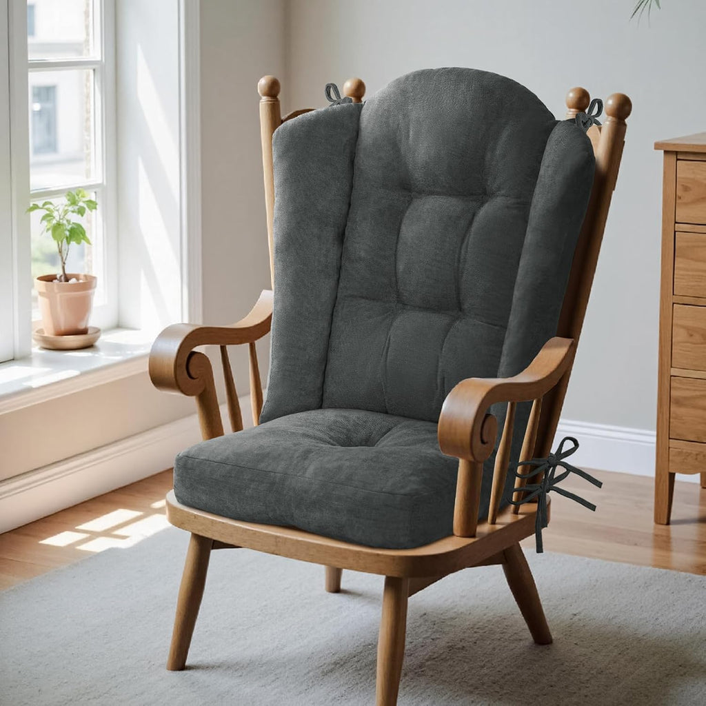 Wingback Rocking Chair Cushion - 17"x17" Seat & 26.7"x 22" Back, for Adirondack Chair, Glider & Indoor Rockers Cushions, High-Density Sponge, Comfort Chenille with Ties(Dark Grey, 2-Piece)