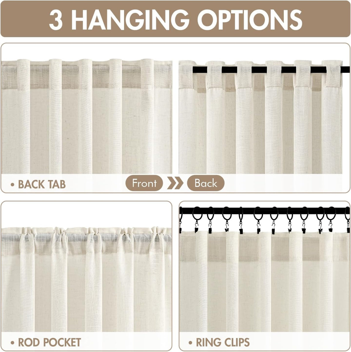 MIULEE Natural Back Tab Linen Curtains 4 Panels 42W x 96L