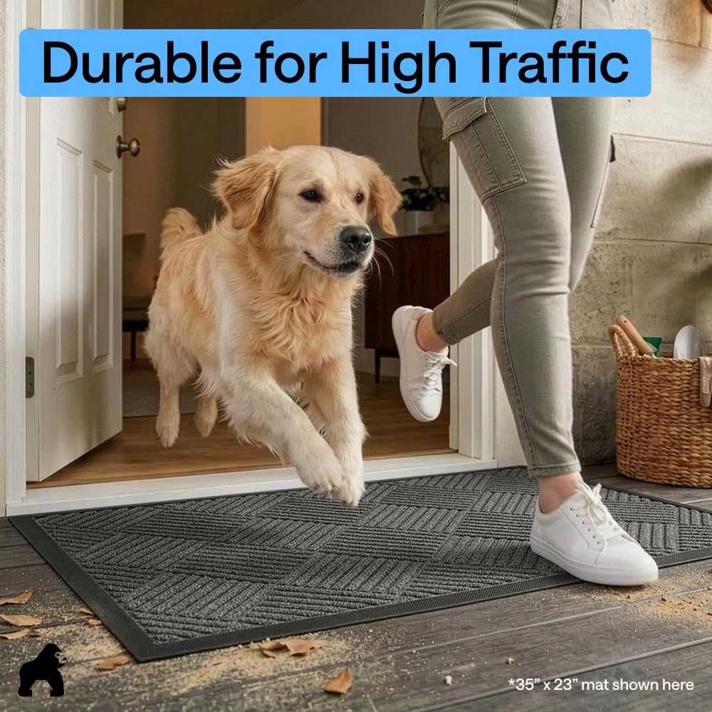 GORILLA GRIP WeatherMAX Door Mat, Indoor Outdoor Use, 35x23, Gray Diamond